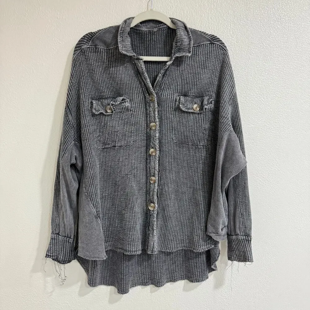 Free People One Scout Jacket Oversized Thermal Sweater Shirt Grey Black Size XS
